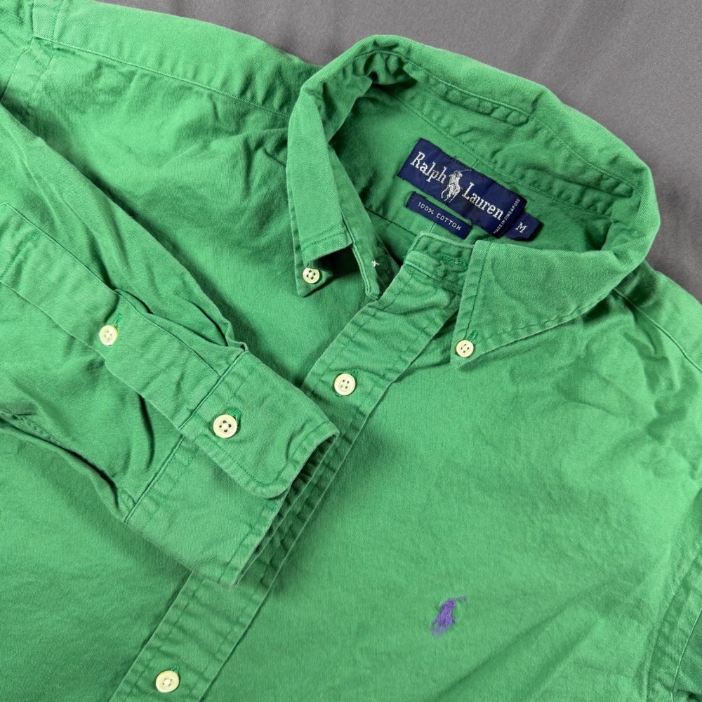 Ralph Lauren Mens Green Button Down Long Sleeve Cotton Shirt Purple Pony Size M